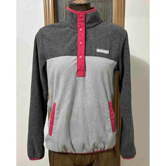 Columbia Pullover Fleece Sweater Women’s Small Gray Pink Color Block Snaps - Picture 1 of 9